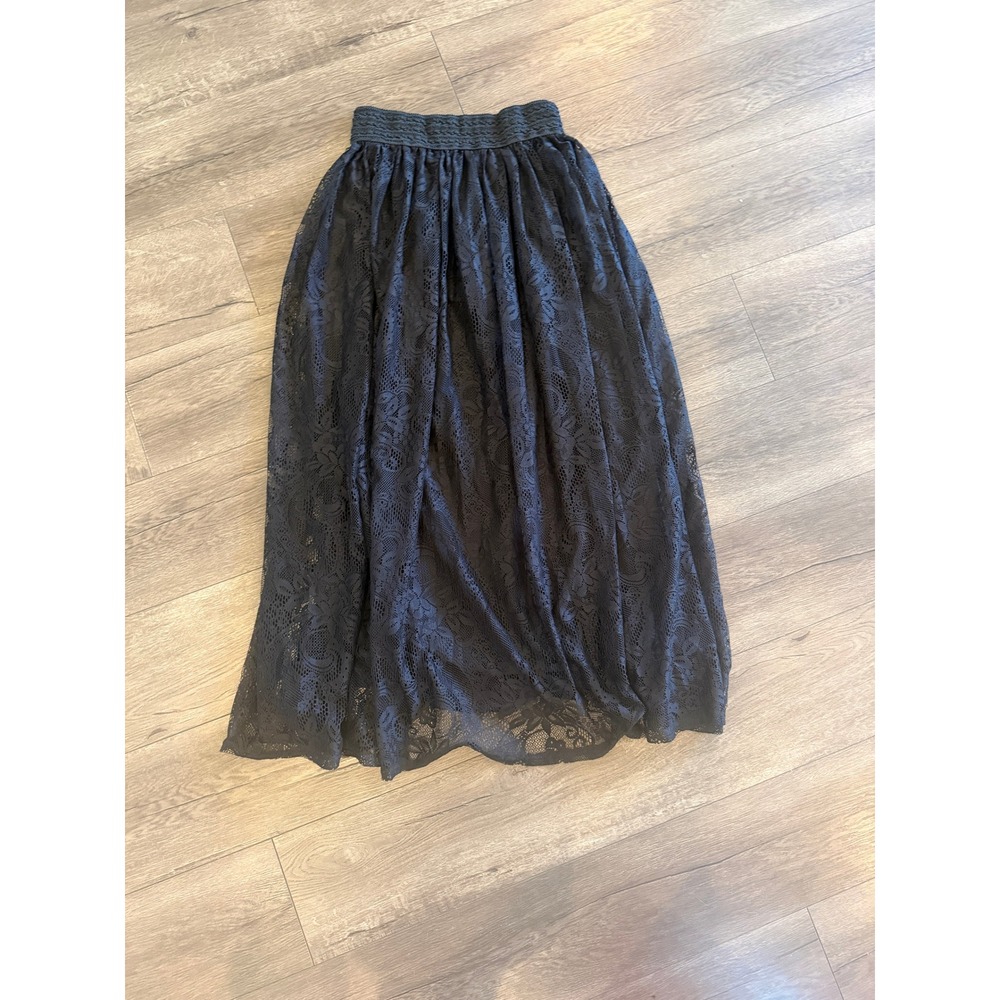 Black Floral Lace Maxi Skirt Smocked Elastic Waist Flowy Romantic Gothic Skirt